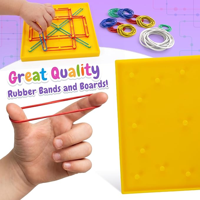 6 Pack Double-Sided Geoboard Mathematical Manipulative Material Array Block Geo Board, Educational Toy for Kids with Rubber Bands and 15pcs Pattern Card, STEM Shape Puzzle Brain Teaser Toy, 5x5 Inch
