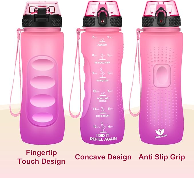 24 OZ Motivational Kids Water Bottle With Time Marker,Straw Lid,Leak Proof, Tritan BPA Free Sports Water Bottle Pink Purple(1 Lid)