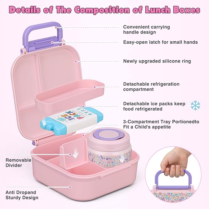 Bento Lunch Box for Kids with 7oz Soup Thermo,Insulated Stainless Steel Kids Water Bottle with Straw and Insulated Lunch Bag,Leak-Proof Lunch Food Container with Ice Pack for School (Pink-Horse)