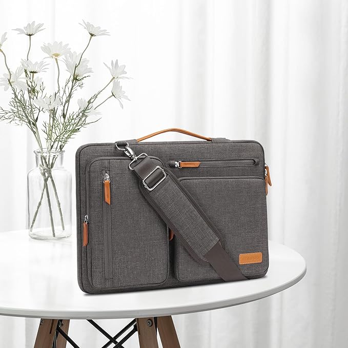 MOSISO 360 Protective Laptop Shoulder Bag,13-13.3 inch Computer Bag Compatible with MacBook Pro 14, HP, Dell, Lenovo, Asus Notebook,Side Open Messenger Bag with 4 Zipper Pockets&Handle, Taupe Gray