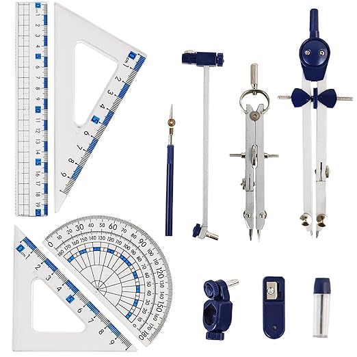 11 Piece Geometry Set, KUAOOAUK Metal Compass and Protractors Set, Professional Drafting Tools Clear Ruler Kit with Storage Box, Math School Supplies for Students Engineers