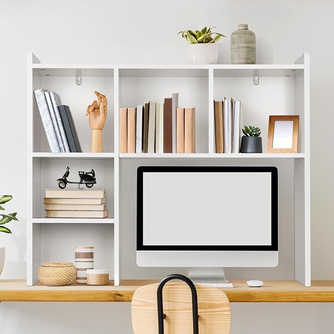 OOOK Desk Hutch, Desktop Bookshelf with 5 Shelves, Wood Desk Shelf for Computer, 3-Tier Desktop Bookshelf Organizer for Home Office Dorm, White