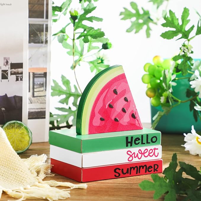 Yulejo 4 Piece Summer Watermelon Table Decor Hello Sweet Summer Book Table Centerpieces Farmhouse Wooden Watermelon Tiered Tray Stacked Book Decor for Home Office Kitchen