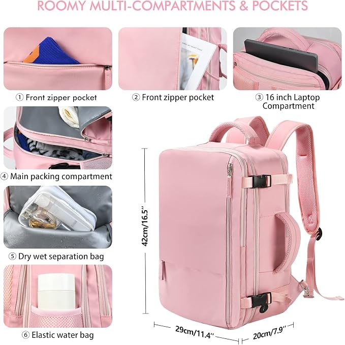 Beraliy Travel Backpack for Women, Airline Approved Bag, Carry On Waterproof Hiking Backpack, 16 inch Laptop Backpack, Overnight Bag, Pink | 16 Inch Laptop Waterproof Hiking Backpack, Casual Outdoor Daypack Bag for College Weenkender Business, Pink