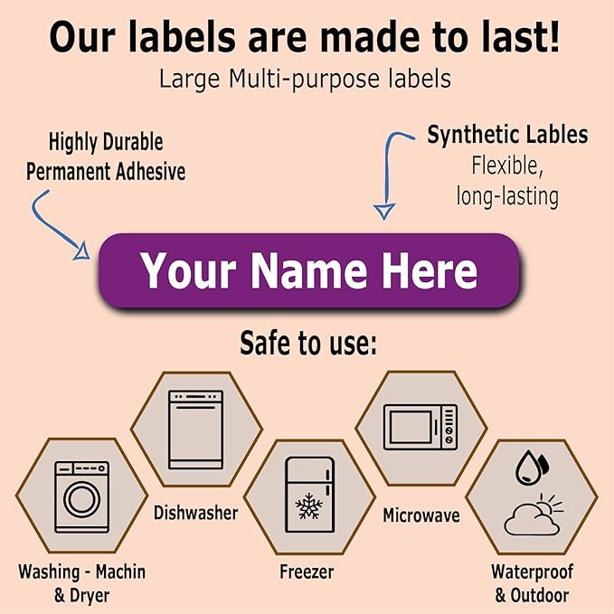 30 Long Personalized Waterproof Name-Labels. Press and Stick Multi-Use Custom ID Stickers. Customized Your Text and Color. Permanent Self-Adhesive Identification Labels.