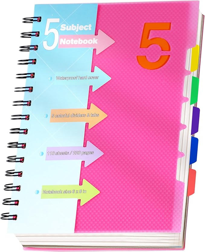 CAGIE 5 Subject Notebooks College Ruled Spiral Notebook 6x8 Notebook with Divider Tabs 220 Pages Small Notebook for Work A5 Spiral Notebook College Ruled Notebook for Note Taking School