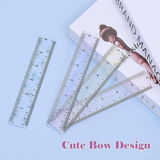 BAYTORY 4Pcs Transparent Acrylic Ruler 6 Inch, Clear Plastic Straight Rulers, Shatterproof Student Stationery Centimeters with Inches, for Classroom Essentials School Supplies (Bowknot 6 Inch)