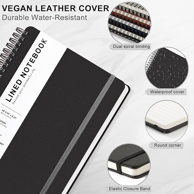 ABERLLS Lined Spiral Journal Notebook with 160 Pages, 8×5.7in, A5 Spiral Notebook, Journaling Notebooks for Work, School, Women, Men, College Ruled Spiral Notebook, Hardcover Leather Journals, Black