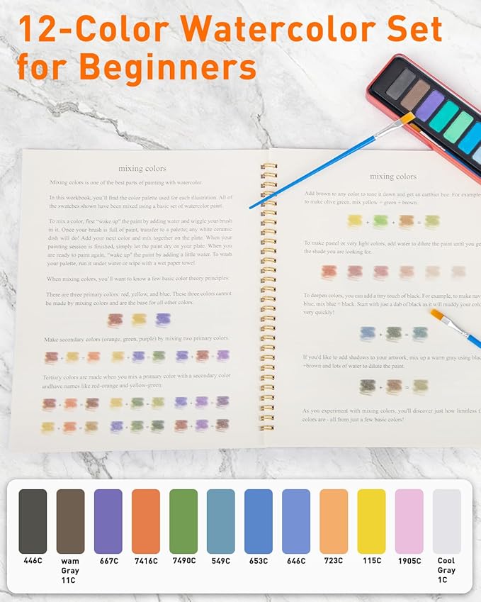 Beginner Watercolor Painting Kit, 12 Colors & 3 Brush with Multi-Theme Painting Set, Outline Art Supplies for Teens Adults (Flower)，10.23 * 8.26in.
