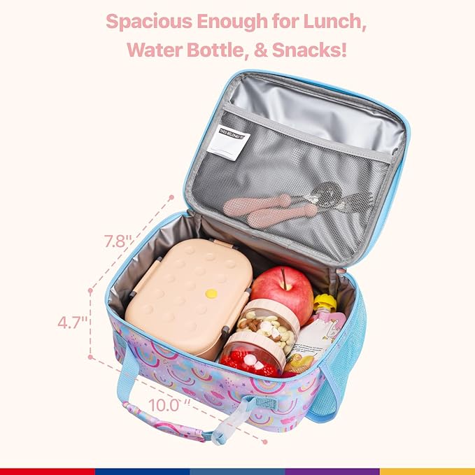 Bagseri Kids Lunch Bag Girls - Thermal Insulated Lunch Box Tote with Water Bottle Holder, Reusable Leak-Proof Kids Lunch Box for Daycare & School, Pink Rainbow (Containers Not Included)