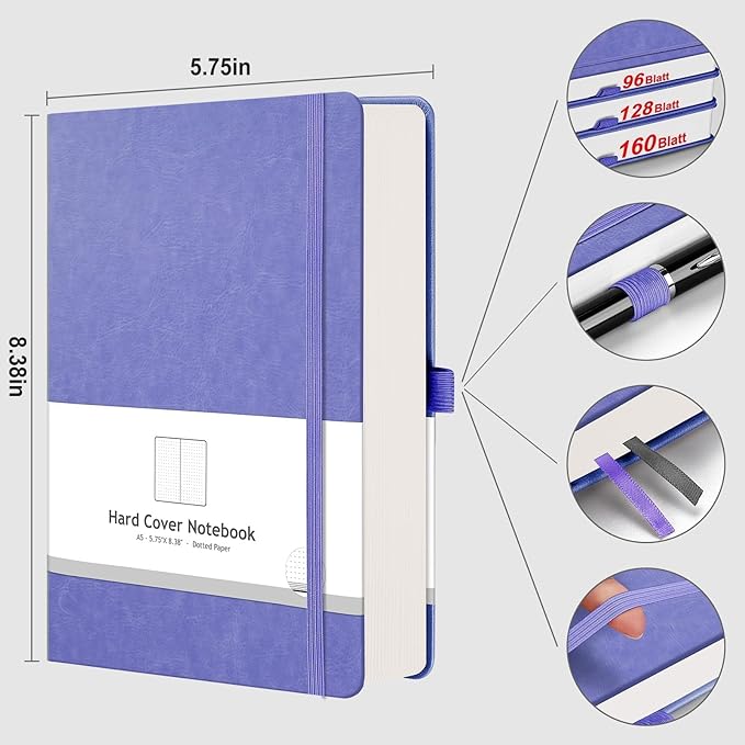 AHGXG Dotted Journal - 320 Numbered Pages Dot Grid Notebook A5 Thick Journal, 100gsm Thick Dotted Paper, Leather Hardcover, Inner Pocket, 5.75'' × 8.38'', Purple
