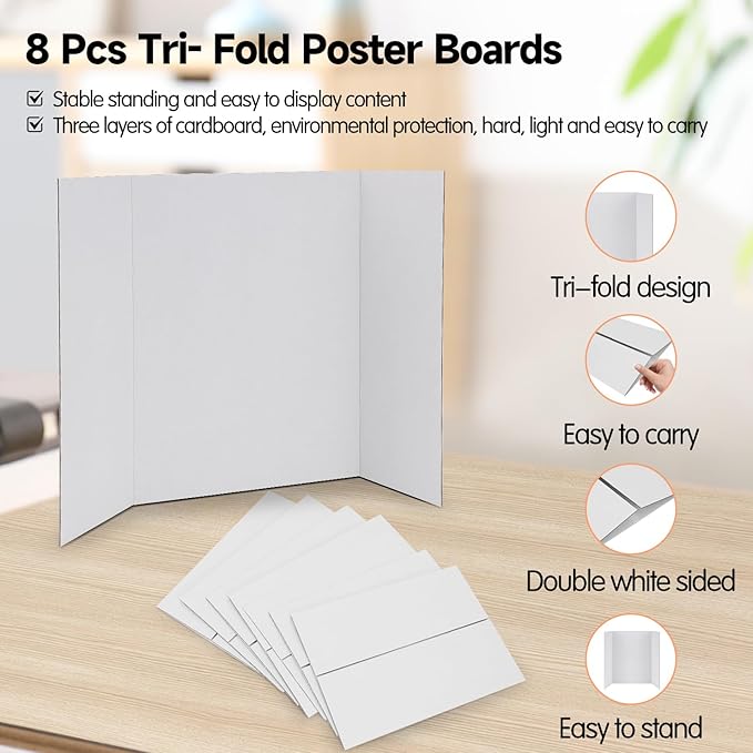 EARTHSON 8 Pack Trifold Presentation Board, 24" x 16" Portable Poster Board, White Corrugated Display Board for School, Business Projects, Event Displays, Science Fairs