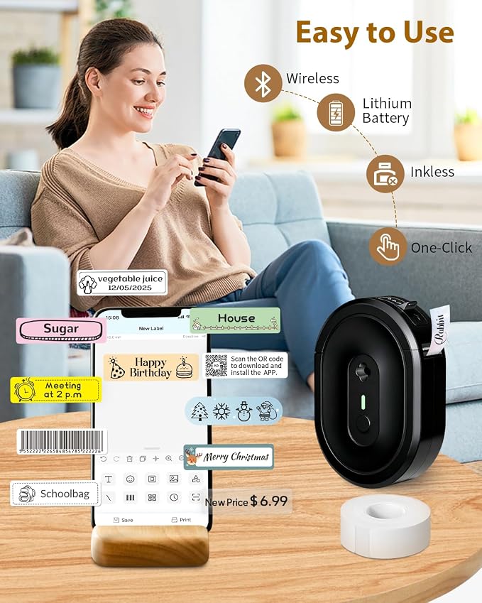 Label Maker N12 Bluetooth Thermal Label Printer, Black | Portable Label Maker Machine with Tape, Creative Templates for School Supplies, Kitchen, Pantry, Storage, Files and Business