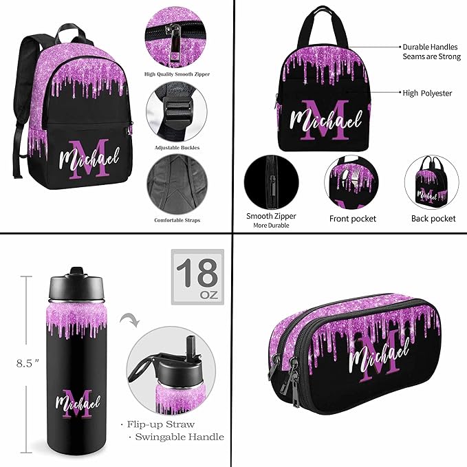 M YESCUSTOM Custom Girls Backpack, Personalized Kids Bookbag for Boys Girls Toddler Backpack with Lunch Box Girl Elementary School Bags for Kids Teen Travel Laptop Casual Daypacks