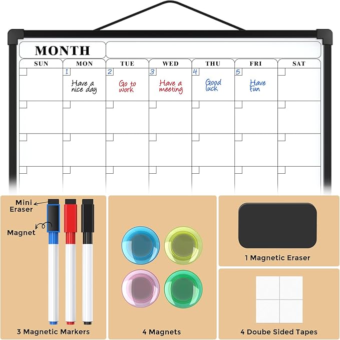 MaxGear Monthly Calendar Dry Erase Board for Wall, 16"x12" Small Hanging Double-Sided White Board, Portable Whiteboard for Planning, Drawing, Memo, to Do List, School, Home, Office, Black Frame