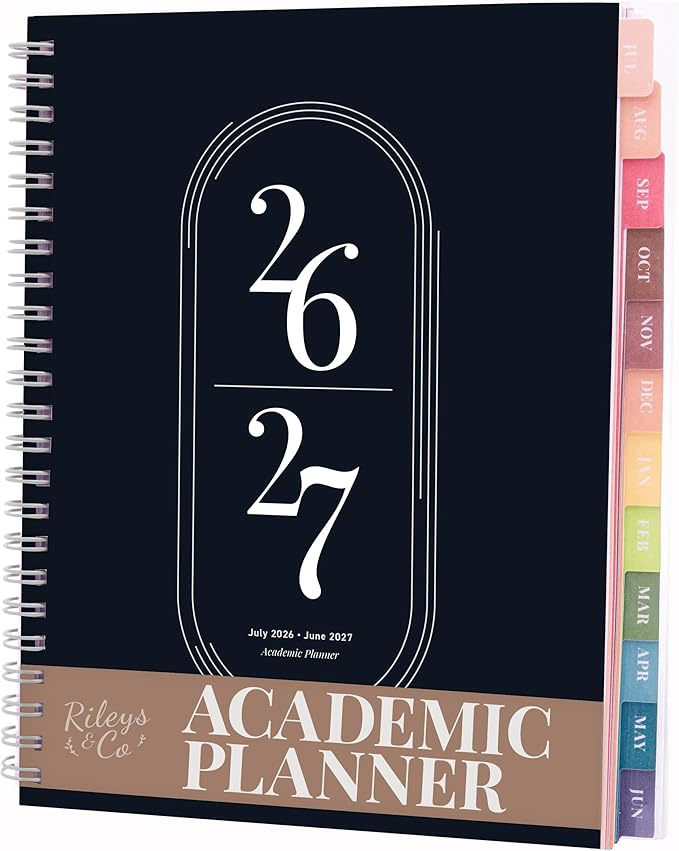Rileys Academic Planner 2026-2027, Daily, Weekly & Monthly Planner, July 2026 - June 2027, Student Notes Pages, Twin-Wire Binding, Weekly Agenda for School & Work (8 x 6-Inches, Black)