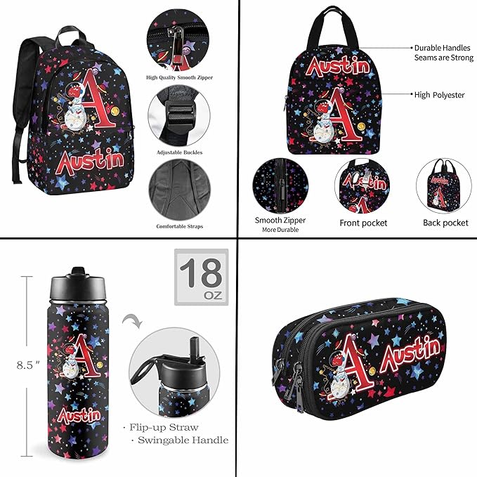 M YESCUSTOM Custom Backpack for Boys Kids Lunch Bag with Name, Space Star Ocean Personalized Elementary School 17Inch Daypack Toddler Preschool Backpacks Pencil Pouch