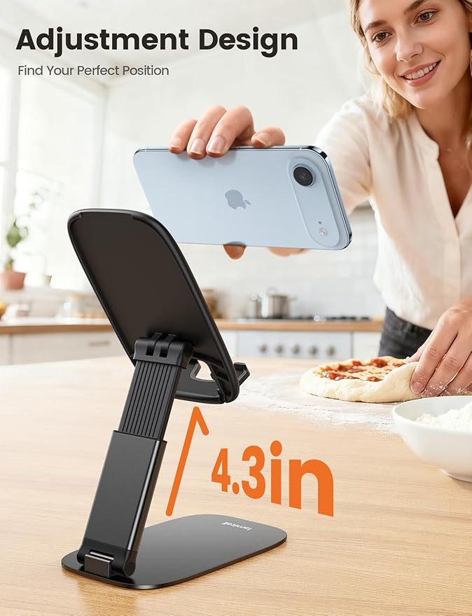 Lamicall Ultra-Thin Phone Stand for Desk, Foldable Cell Phone Holder Height Adjustable, Sturdy Weighted Base, Thick Case Friendly for Home Office Travel, Fit iPhone 17 16 15 13 Pro Max, Galaxy S26