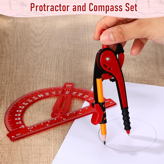 Zonon 2 Pcs Student Protractor and Compass, Student Geometry Math Set Drawing Compass and 180 Degree 6 Inch Protractor with Swing Arm for Drawing Measuring School Office (Red)