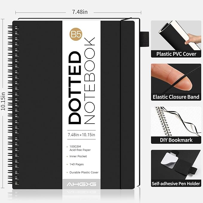 AHGXG Dotted Journal - Dot Grid Spiral Notebook B5, 140 Pages, 100 GSM Thick Paper, Waterproof Plastic Cover Journals for Journaling, Sketching, 7.6" x 10", Black