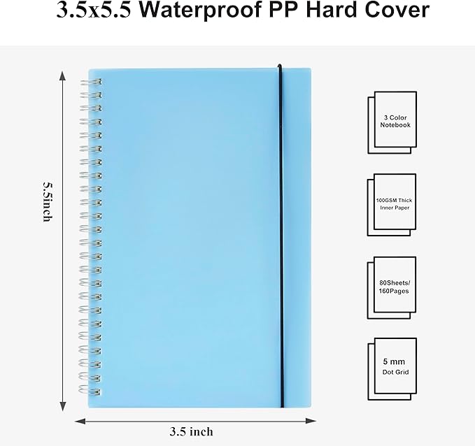 3 Pack Small Spiral Notebook Dot Grid, 3.5x5.5 Mini Pocket Spiral Notebooks With 5x5mm Dotted Pages, 80 Sheets/160 Pages 100gsm Thick Paper to Stay Organized for Work School Office