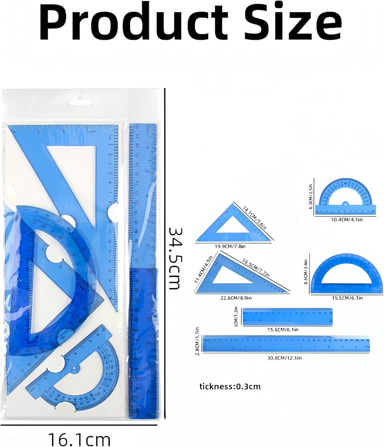 6 Pcs Plastic Ruler Math Set, Transparent Straight Protractor Triangle Measuring Tools, Geometry Ruler for School Office Home/Students(Blue)