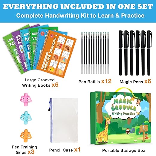 Magic Grooved Writing Practice Book for Kids Ages 3–8, 6 Reusable Handwriting Practice Books with 6 Pens, 12 Refills, 3 Soft Grips, Preschool Learning Activities Gifts for Boys and Girls