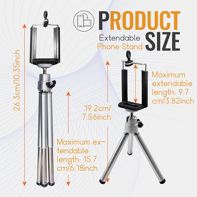Mini Portble Extendable Phone Tripod Stand with Clip, 360° Ball Head Desktop Tripod Compatible with All Cellphone Mini Camera for Vlogging, Travel, Video Recording (Silver)