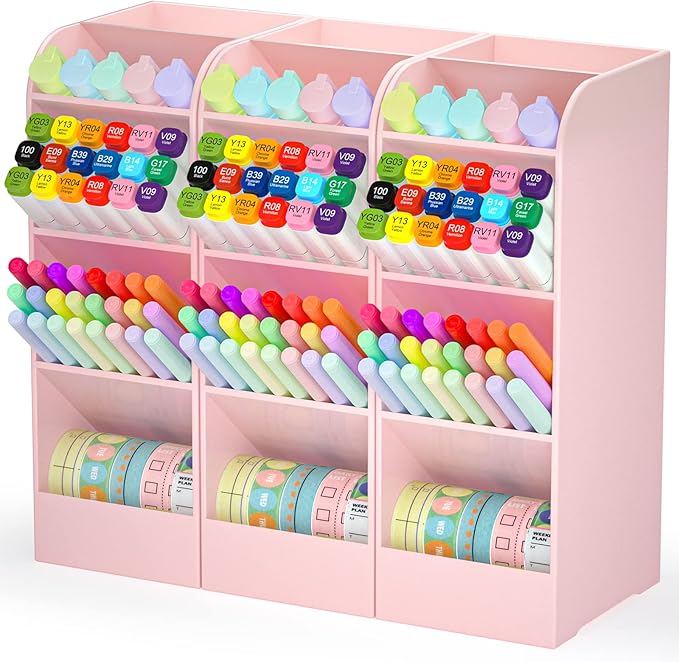 Asten Pen Holder, Pencil Holder for Desk, Pen Organizer for Office, School, Desktop, Large Capacity Pen Storage Organizer with 5 Compartment for Pens, Markers, Makeup Brush, Cosmetics (Pink, 3 Pack)