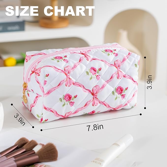 Makeup Bag Travel Toiletry Bag for Women, Small Cosmetic Bags Cute Quilted Cotton Makeup Pouch for Purse Emergency Bag Floral Pencil Case Accessory Bag, Bow and Floral