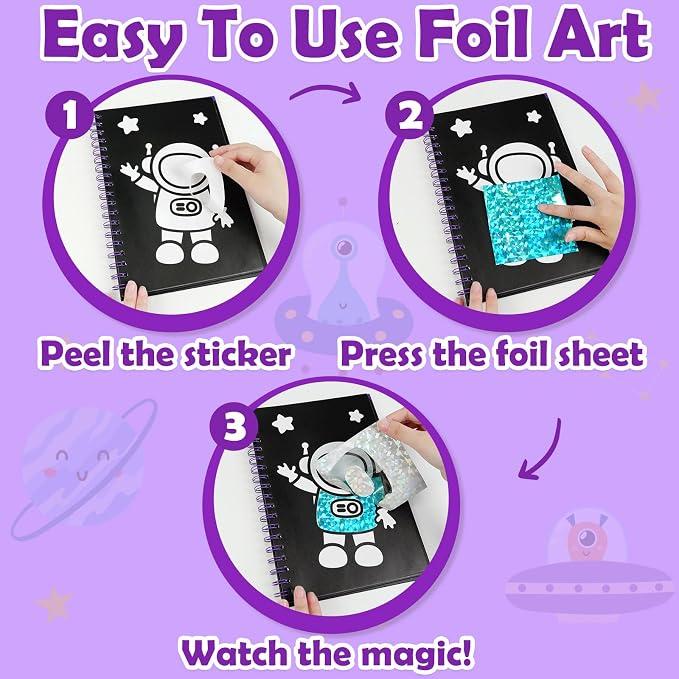 FUNNYB&G Foil Art Craft Kit for Boys 4-10 Years Old: Mess-Free & No-Glue, Create 16 Sparkly Space Pictures – Perfect Travel Toy & Birthday Gift for Kids (Space)