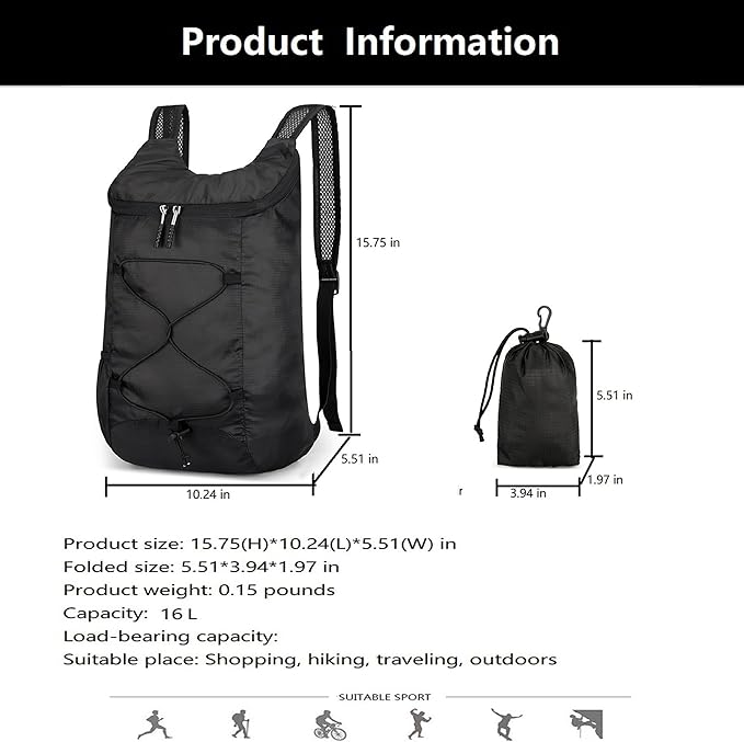 levayhill 16L Lightweight Foldable Hiking-Backpack Small Packable-Daypack For Travel,Ultralight Water-Resistant Gym Bag Men Women Easy Carry-on (Black)
