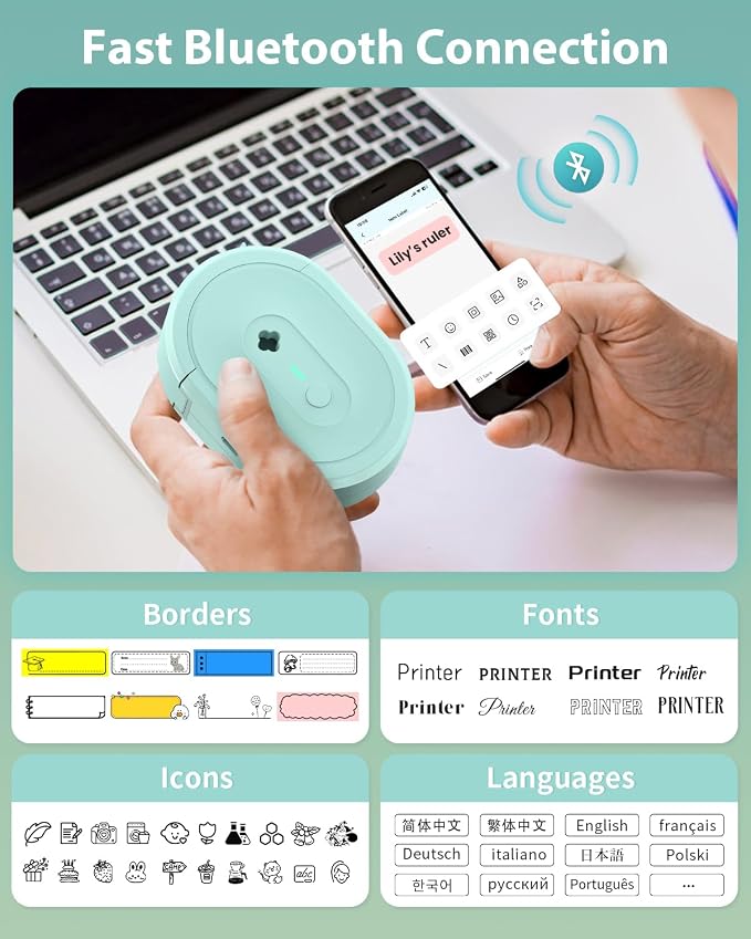 N12 Label Maker Machine with 1 Tape Bluetooth Label Printer, Green | Portable Mini Thermal Sticker Printer with Multiple Templates, Labeling Machine for Home/Kitchen/School/Office Organization