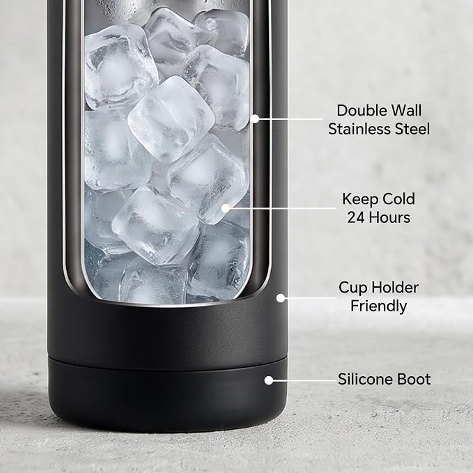 Fijinhom 18 oz Insulated Water Bottle with 2 Lids, Stainless Steel Water Bottles, Double Wall Vacuum, Portable Handle & Non-slip Bottom, BPA Free Leak Proof Metal Bottles, Keep Cold 24H, Black