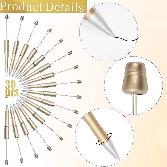 jiebor 30Pcs Gold Beadable Pens Plastic Bead Ballpoint DIY Cute Cool Pens Black Ink for Women Men Bridal Graduation Gift Office Supplies