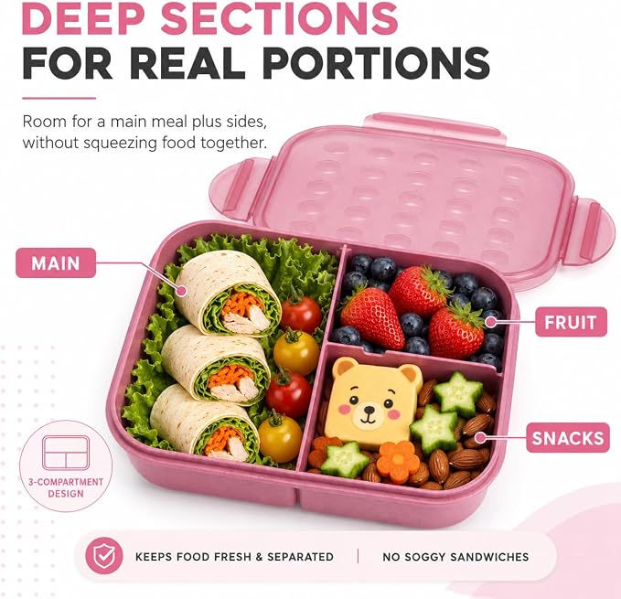 MISS BIG® Bento Lunch Box for Kids, 1150ml, 3 Compartments, Rose Pink | Rose pink kids lunch box for school, daycare, snacks, light meals, picnic food, and daily carry.