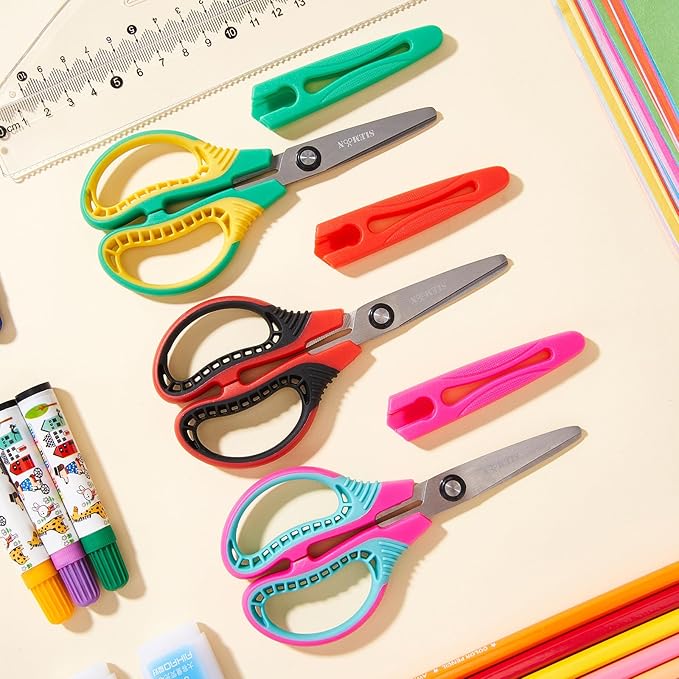 Kids Scissors for Ages 6+, 6" Blunt Tip Children Craft Scissors with Safety Cover, Ambidextrous Soft Grip Stainless Steel Blades for School Home Art Supplies,3-Pack