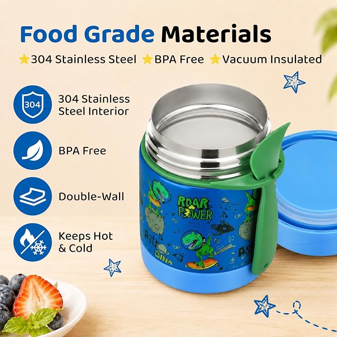 10oz Soup Thermo for Hot Food Kids Insulated Food Jar,Thermo Hot Food Lunch Container, Width Mouth Stainless Steel Lunch Box for Kids with Spoon (Blue-dinosaur)