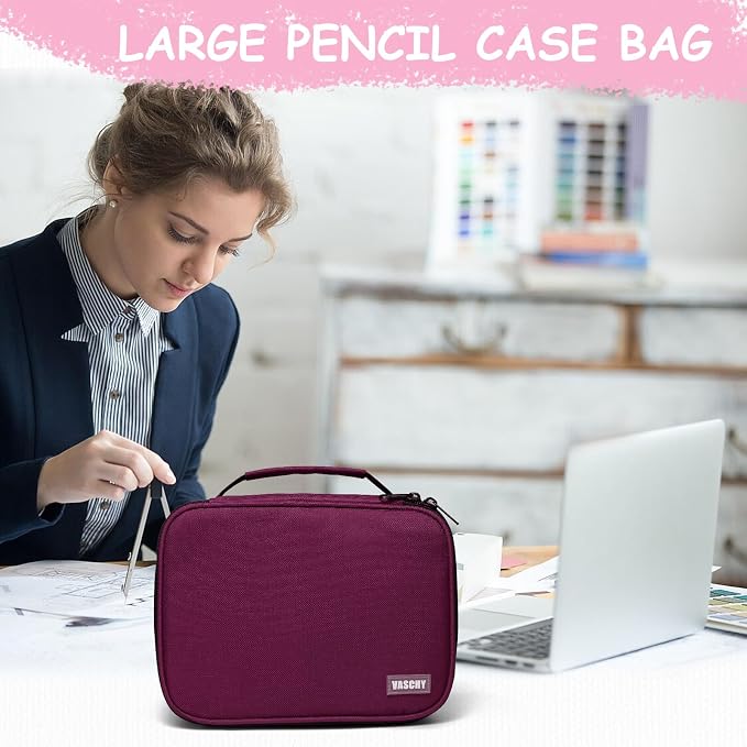 VASCHY Large Pencil Case, Art Color Pencils Pouch with Detachable Layers Multiple Zip Pockets for School Office Stationary Organization Burgundy