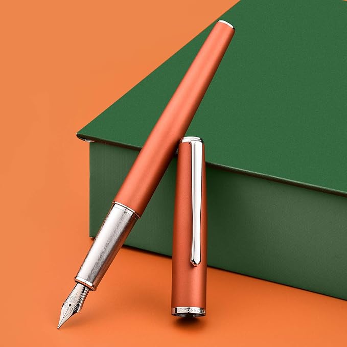 Hongdian 920 Orange Metal Fountain Pen, Iridium Extra Fine Nib Classic Pen, Includes Refillable Converter and Pen Pouch