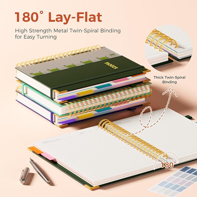 XYark A4 Hardcover Spiral Notebook, 8.5"x11" College Ruled Notebooks with Removable Dividers Tabs & Ruler, 5 Subject Notebook 300 Pages, Large Lined Journal for Women Men School Work Office, Green