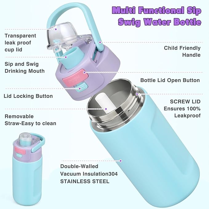 Bento Lunch Box for Kids with 7oz Soup Thermo,Insulated Stainless Steel Kids Water Bottle with Straw and Insulated Lunch Bag,Leak-Proof Lunch Food Container with Ice Pack for School (Purple)