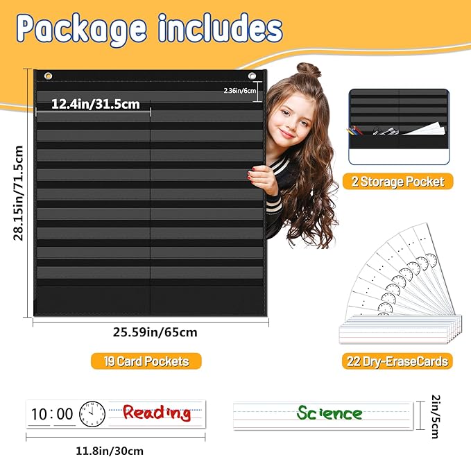 AKAYOK Daily Schedule Pocket Chart - Clear 19 Pocket Chart for Classroom with 22 Reusable Dry-Erase Cards | Perfect for Flash Cards/Sentence Strips/Cleaning Schedule and Checklist/Calendar Cards