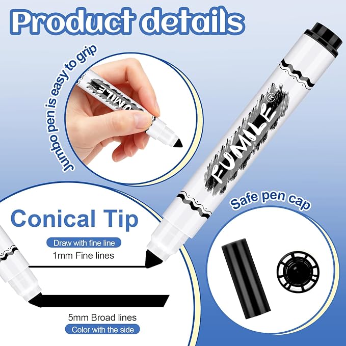 FUMILE 30 Pcs Black Washable Markers Bulk, Markers for Kids,Broad Line Conical Tip Coloring Marker Bulk for Student,Back to School Supplies, Teacher Classroom Must Haves & Essentials