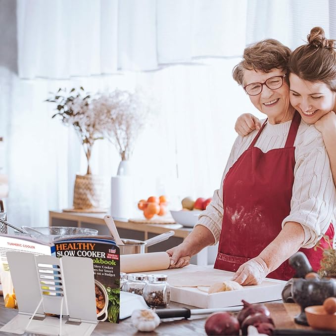 Blizzow Desk Book Stand Holder - Hands Free, Adjustable Metal Stand, Lightweight Foldable Portable - Cookbook, Recipe, Tablet, Music, Documents (White)