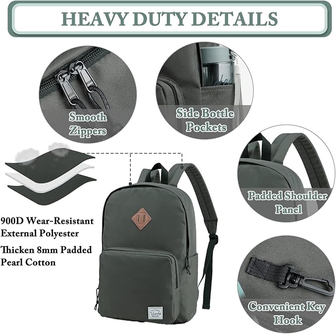 VASCHY School Backpack, Ultra Lightweight Backpack for Men Women Bookbag for Kids Teen Boys Girls Gray
