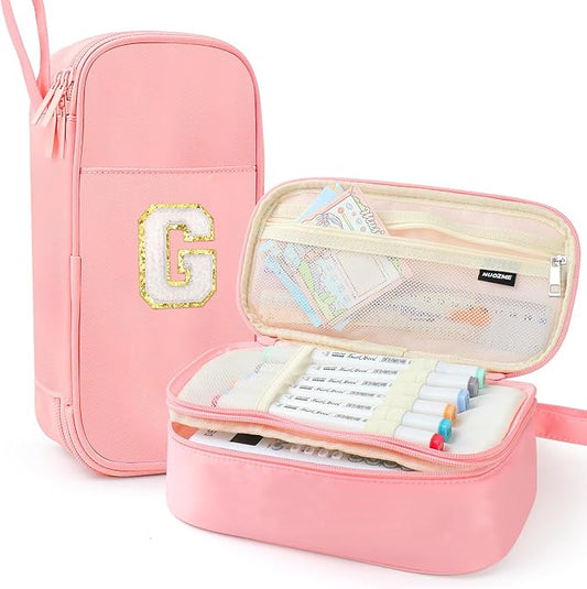 Extra Large Pencil Case,Big Capacity Pencil Pouch,Personalized Initial Pencil Bag with smooth zipper,Multiple Pockets,Cute Aesthetic Stationery Pen Case Bag for Teen Girls College (Pink, G)
