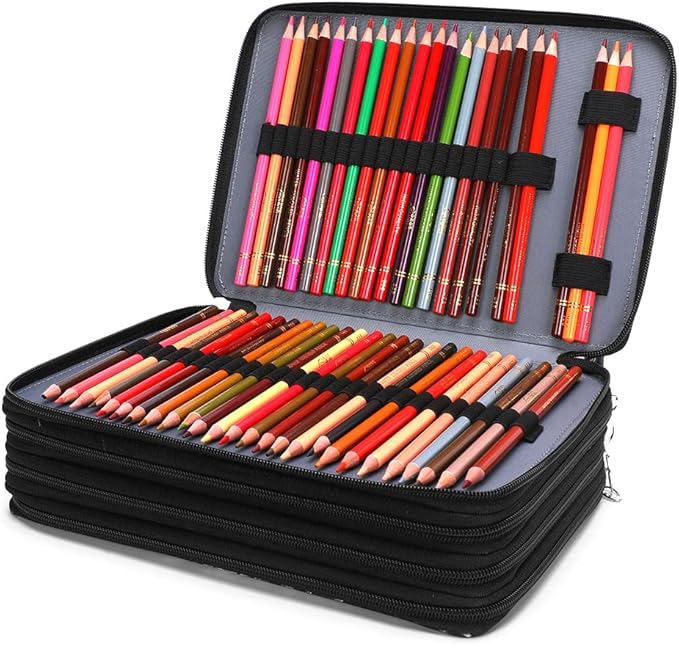 Vomgomfom 200 Slots Pencil Bag, 4-Layer Zipper Portable Art Supply Organizer, PU Leather Large Capacity Colored Pencil Case with Handle for 200 Watercolor Pens, Gel Pens (Black)