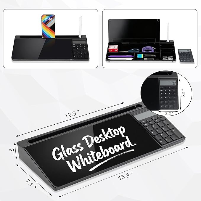 Glass Desktop Whiteboard with Calculator & Storage, Desk Dry Erase Note Memo Board, Compact Desk Organizer for to-Do List Home Office School & Gift, Black, 2026