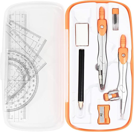 Vobou Math Geometry Kit Sets 10 Piece Student Supplies with Shatterproof Storage Box,Includes Rulers,Protractor,Compass,Eraser,Pencil Sharpener,Lead Refills,Pencil,for Drafting（Orange）